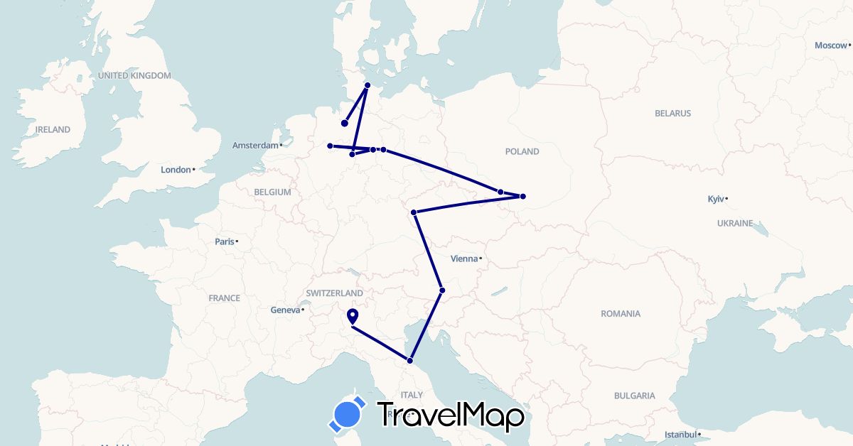 TravelMap itinerary: driving in Austria, Czech Republic, Germany, Italy, Poland (Europe)